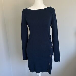 White House Black Market Stretch Knit Blue Sweater Dress Size: Small